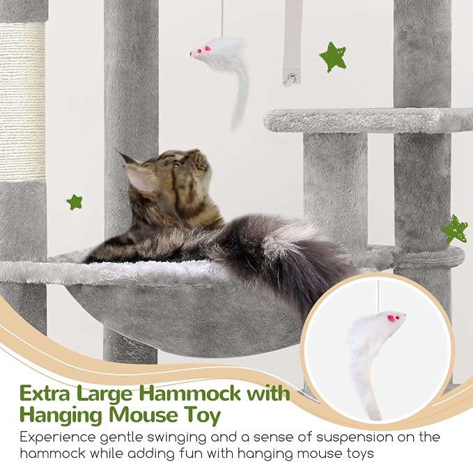 Multi-Level Cat Tree Tower, Grey Plush Cat Condo Villa
