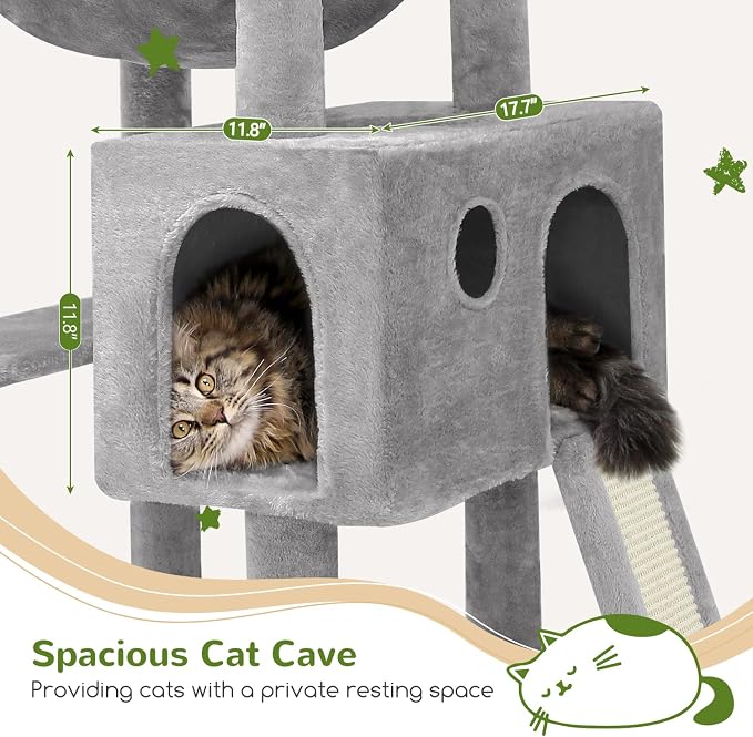Multi-Level Cat Tree Tower, Grey Plush Cat Condo Villa