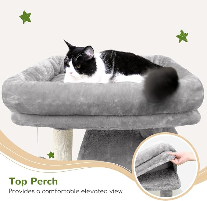 Multi-Level Cat Tree Tower, Grey Plush Cat Condo Villa