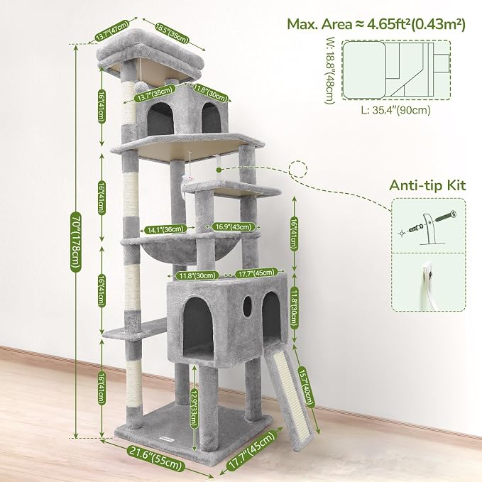 Multi-Level Cat Tree Tower, Grey Plush Cat Condo Villa